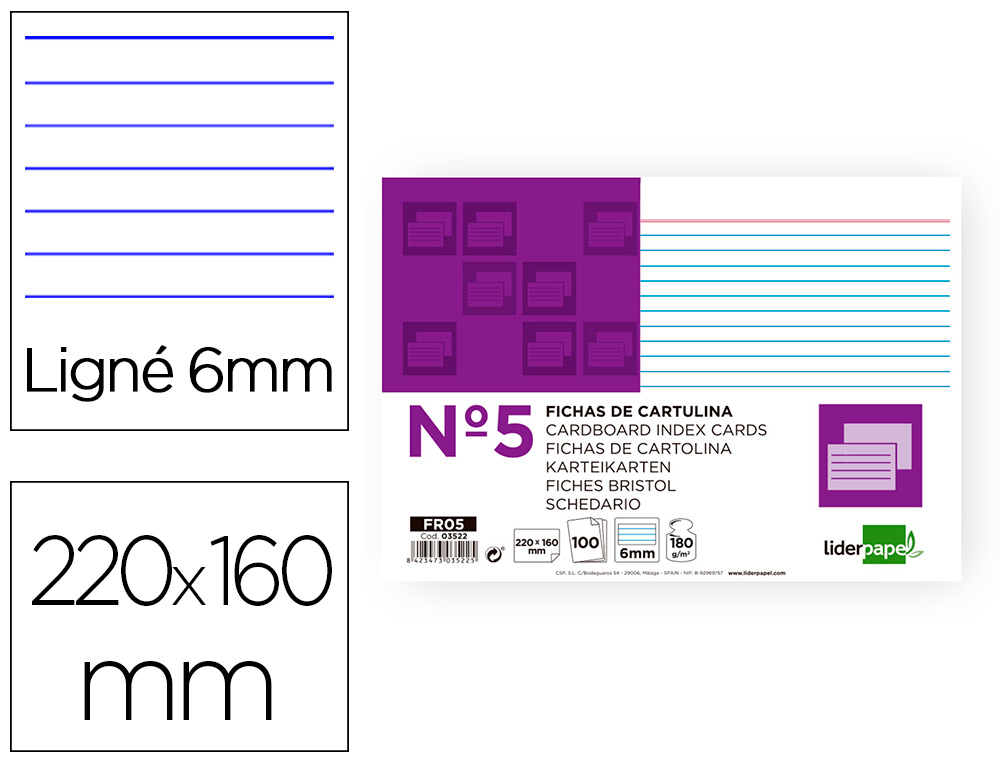 FICHA LIDERPAPEL RAYADA N5 160X220 MM 180GR PAQUETE DE 100 UNIDADES