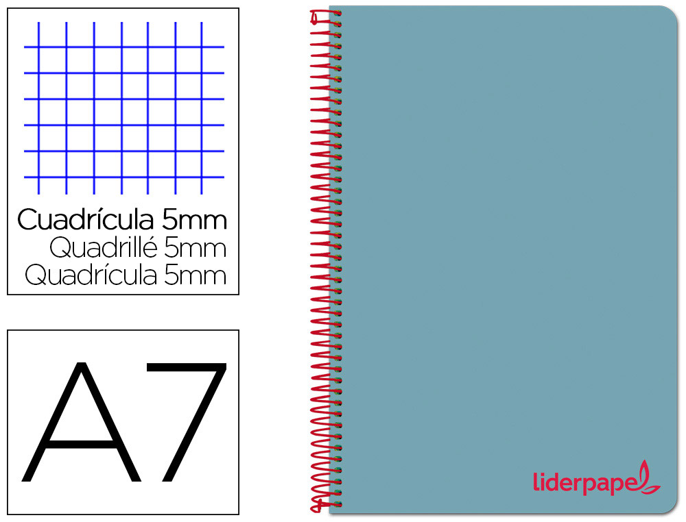 CUADERNO ESPIRAL LIDERPAPEL A7 MICRO WONDER TAPA PLASTICO 100H 90GR CUADRO 5MM 4 BANDAS COLOR CELESTE