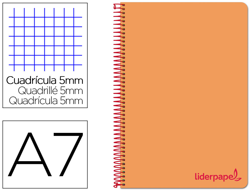 CUADERNO ESPIRAL LIDERPAPEL A7 MICRO WONDER TAPA PLASTICO 100H 90GR CUADRO 5MM 4 BANDAS COLOR NARANJA