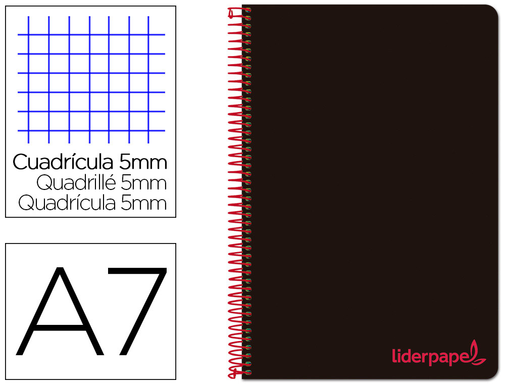 CUADERNO ESPIRAL LIDERPAPEL A7 MICRO WONDER TAPA PLASTICO 100H 90GR CUADRO 5MM 4 BANDAS COLOR NEGRO