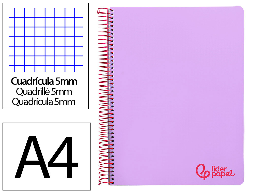 CUADERNO ESPIRAL LIDERPAPEL A4 MICRO WONDER TAPA PLASTICO 120H 90GR CUADRO 5MM 5 BANDA 4 TALADROS COLOR LILA
