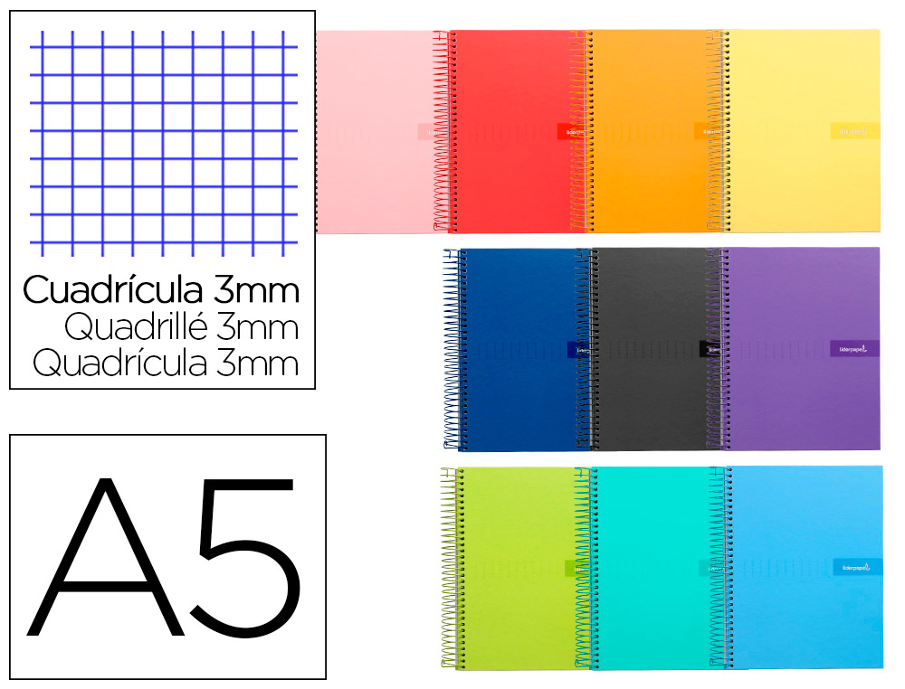 CUADERNO ESPIRAL LIDERPAPEL A5 CRAFTY TAPA FORRADA 80H 90GR CUADRO 3MM CON MARGEN COLORES SURTIDOS