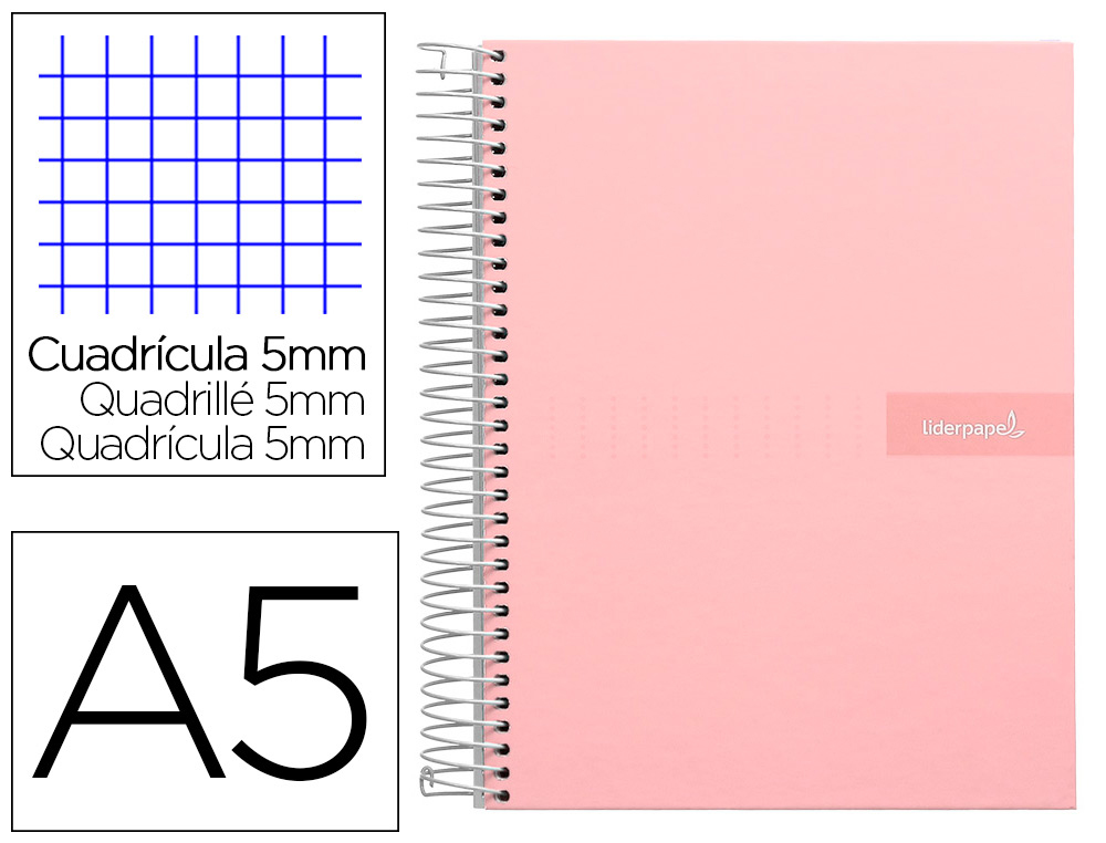 CUADERNO ESPIRAL LIDERPAPEL A5 MICRO CRAFTY TAPA FORRADA 120H 90GR CUADRO 5MM 5 BANDAS 6 TALADROS COLOR ROSA