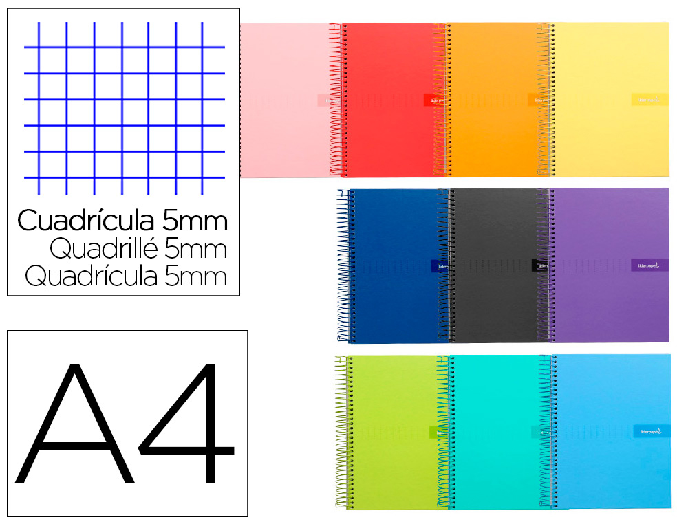 CUADERNO ESPIRAL LIDERPAPEL A4 CRAFTY TAPA FORRADA 80H 90GR CUADRO 5MM CON MARGEN COLORES SURTIDOS