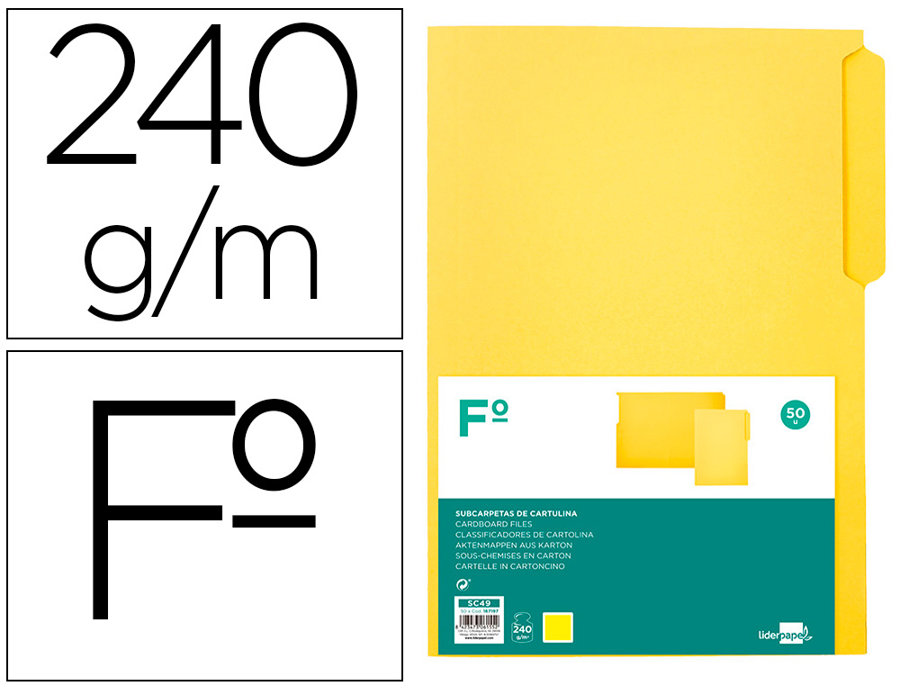 SUBCARPETA CARTULINA LIDERPAPEL FOLIO PESTAÑA IZQUIERDA 240G/M2 AMARILLO