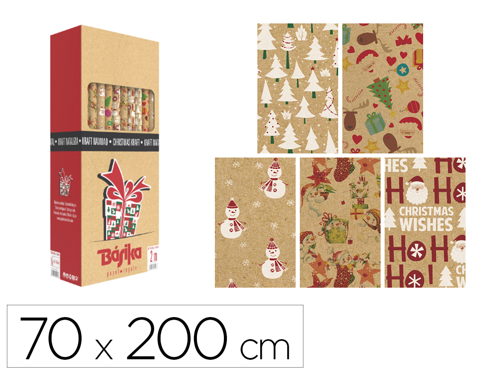 PAPEL DE REGALO BASIKA KRAFT NAVIDAD ROLLO ANCHO 70 CM LONGITUD 2 M DISEÑOS SURTIDOS GRAMAJE 50 GR