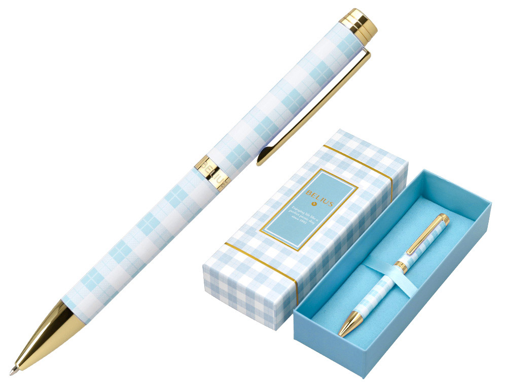 BOLIGRAFO BELIUS PERFECT PICNIC DAY ALUMINIO COLOR AZUL CELESTE DORADO TINTA AZULCAJA DE DISEO