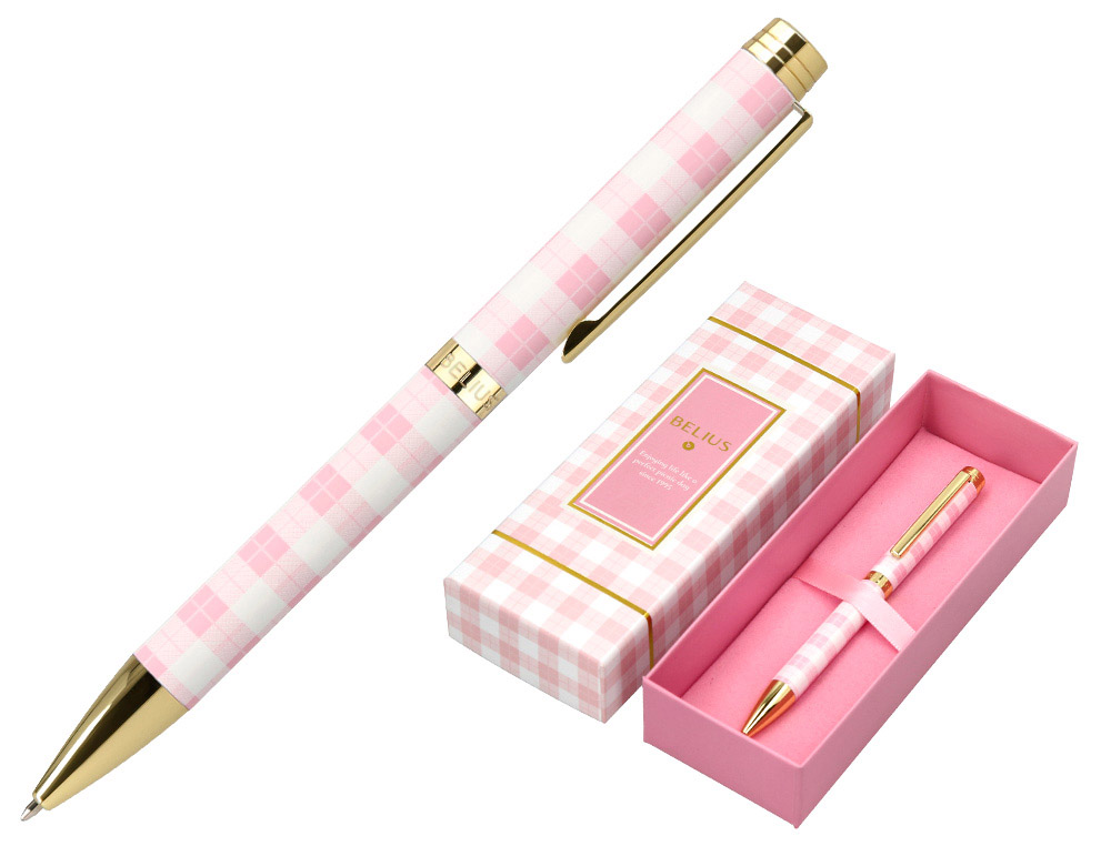 BOLIGRAFO BELIUS PICNIC ALUMINIO COLOR ROSA DORADO TINTA COLOR AZUL CAJA DE DISEO
