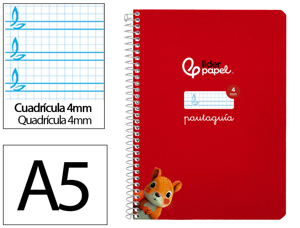 CUADERNO ESPIRAL LIDERPAPEL A5 PAUTAGUIA TAPA BLANDA 40H 75GR CUADRO PAUTADO 4MM COLOR ROJO