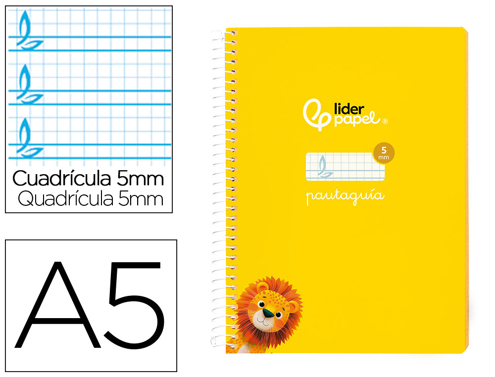 CUADERNO ESPIRAL LIDERPAPEL A5 PAUTAGUIA TAPA BLANDA 40H 75GR CUADRO PAUTADO 5MM COLOR AMARILLO