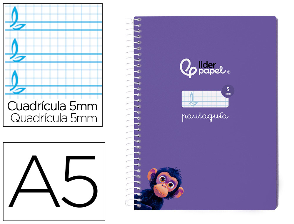 CUADERNO ESPIRAL LIDERPAPEL A5 PAUTAGUIA TAPA BLANDA 40H 75GR CUADRO PAUTADO 5MM COLOR LILA