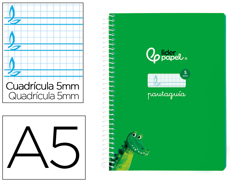 CUADERNO ESPIRAL LIDERPAPEL DIN A5 PAUTAGUIA TAPA BLANDA 40H 75GR CUADRO PAUTADO 5MM COLOR VERDE
