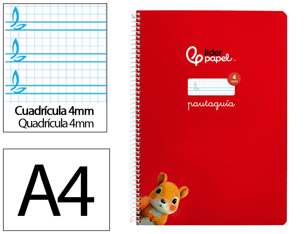 CUADERNO ESPIRAL LIDERPAPEL A4 PAUTAGUIA TAPA BLANDA 80H 75GR CUADRO PAUTADO 4MM COLOR ROJO