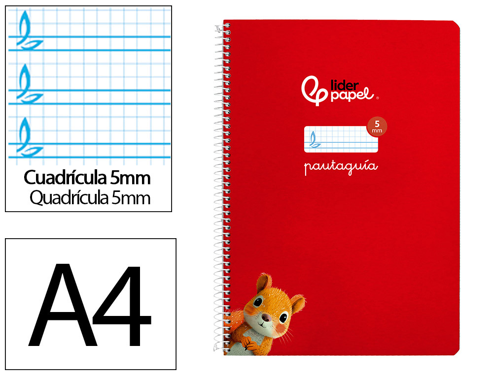 CUADERNO ESPIRAL LIDERPAPEL DIN A4 PAUTAGUIA TAPA DURA 80H 90GR CUADRO PAUTADO 5MM COLOR ROJO
