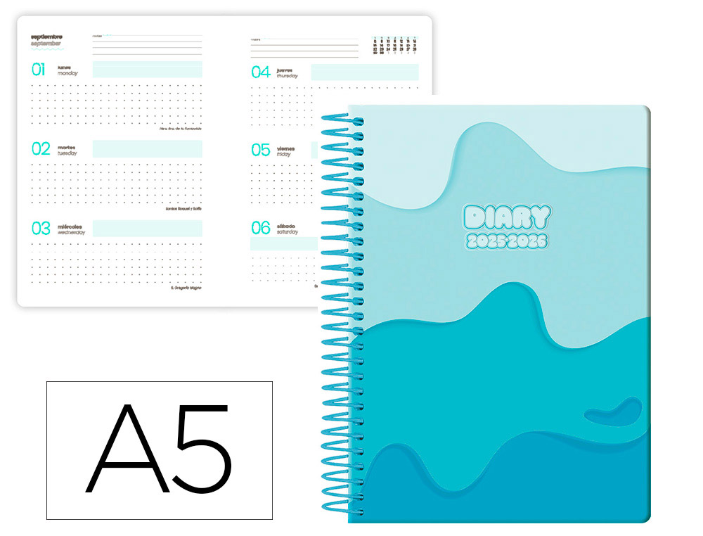 AGENDA ESCOLAR LIDERPAPEL 25-26 ESPIRAL MELTING AZUL SEMANA VISTA A5 BILINGÜE PAPEL FSC 80 GR