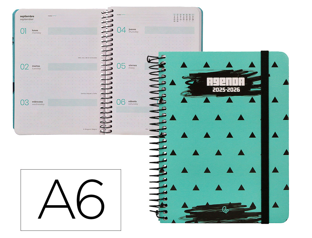 AGENDA ESCOLAR LIDERPAPEL 25-26 ESPIRAL PATTERNS TRIANGULOS SEMANA VISTA A6 BILINGÜE PAPEL FSC 80 GR