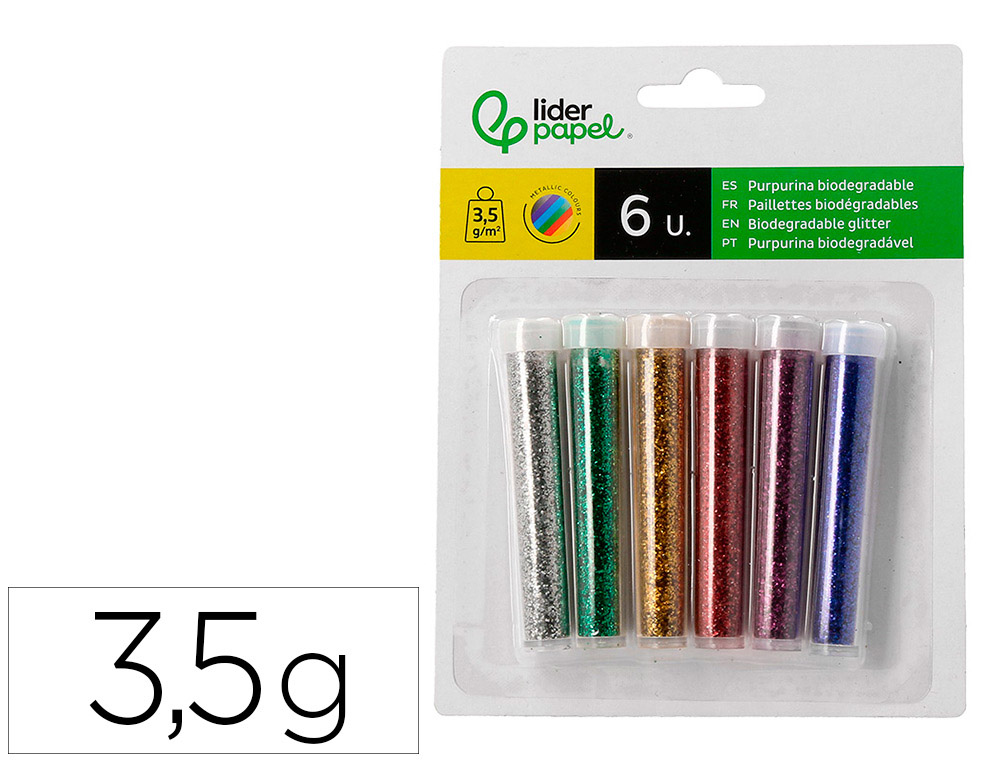 PURPURINA LIDERPAPEL BIODEGRADABLE FANTASIA BOTE 3,5 GR COLORES METALICOS SURTIDOS BLISTER DE 6 UNIDADES