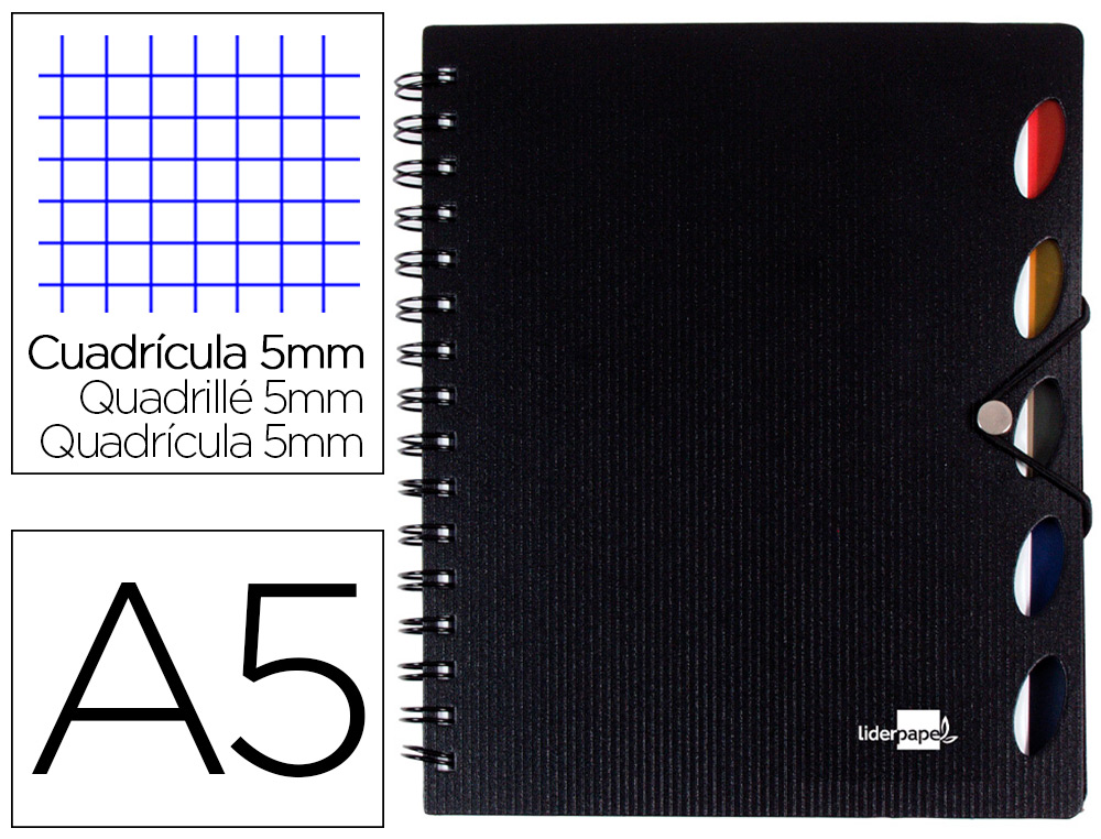CUADERNO ESPIRAL LIDERPAPEL A5 MICRO EXECUTIVE TAPA PLASTICO 100H 80GR CUADRO 5MM 5 SE PARADORES CON GOMILLA NEGRO