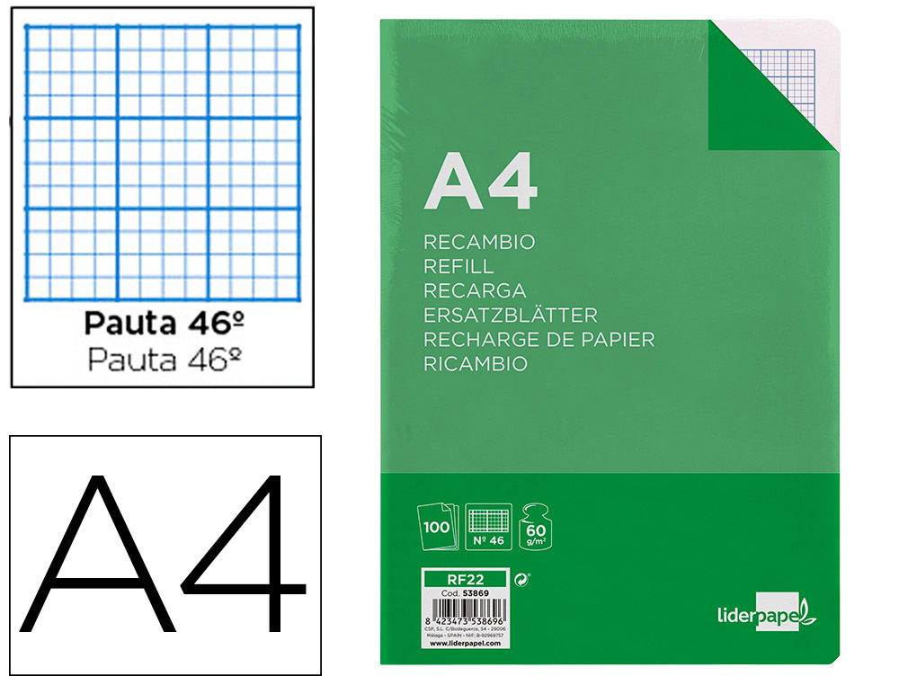 RECAMBIO LIDERPAPEL A4 100 HOJAS 60GR RAYADO N 46 4 TALADROS