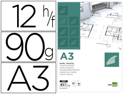 PAPEL VEGETAL LIDERPAPEL A3 90GR 297X420MM SOBRE DE 12 HOJAS