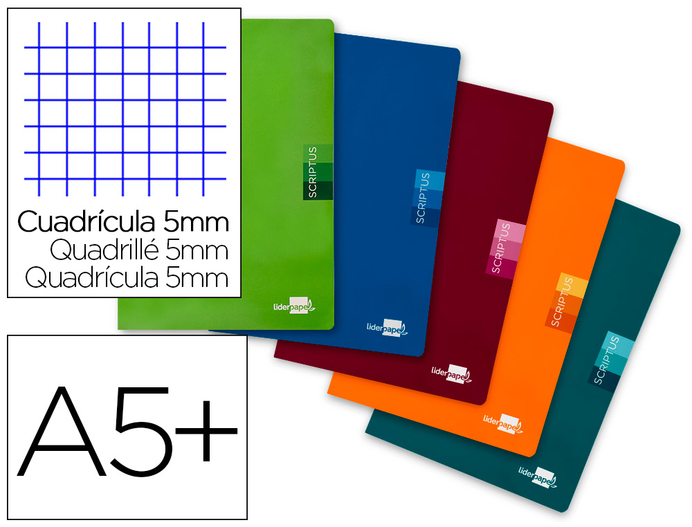 LIBRETA LIDERPAPEL SCRIPTUS A5 PLUS 48 HOJAS 90GR CUADRO 5MM CON MARGEN COLORES SURTIDOS