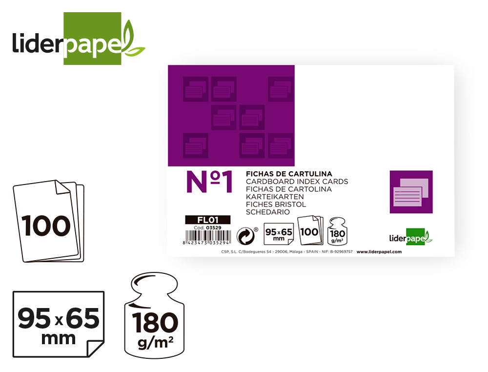 FICHA LIDERPAPEL LISA Nº1 65X95MM 180GR PAQUETE DE 100 UNIDADES