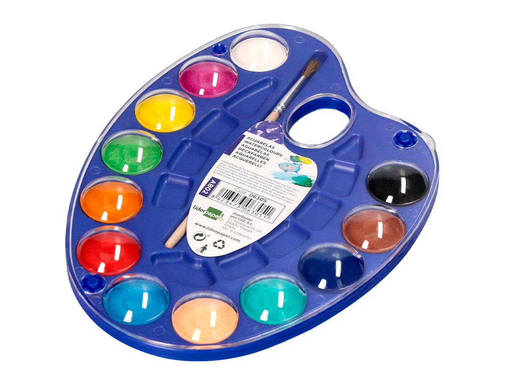 ACUARELA LIDERPAPEL 12 COLORES CON PINCEL Y DEPOSITO INCLUYE PALETA DE PLASTICO