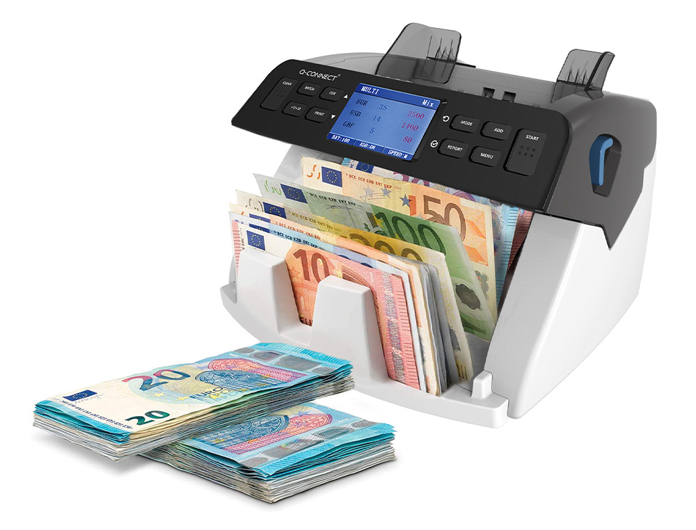 DETECTOR Y CONTADOR Q-CONNECT DE BILLETES FALSOS SENSOR DOBLE CIS ACTUALIZACION DIVISAS USB TARJETA SD O