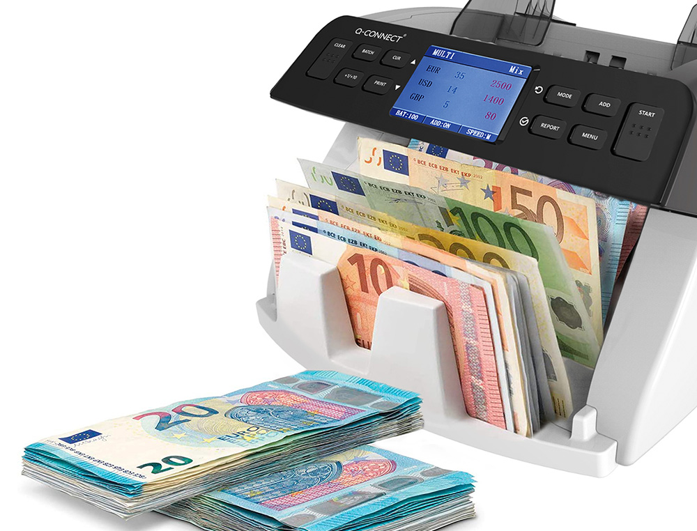 DETECTOR Y CONTADOR Q-CONNECT DE BILLETES FALSOS SENSOR DOBLE CIS ACTUALIZACION DIVISAS USB TARJETA SD O