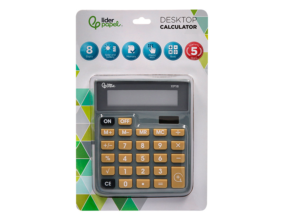 CALCULADORA LIDERPAPEL SOBREMESA XF18 8 DIGITOS SOLAR Y PILAS COLOR GRIS 127X105X24 MM