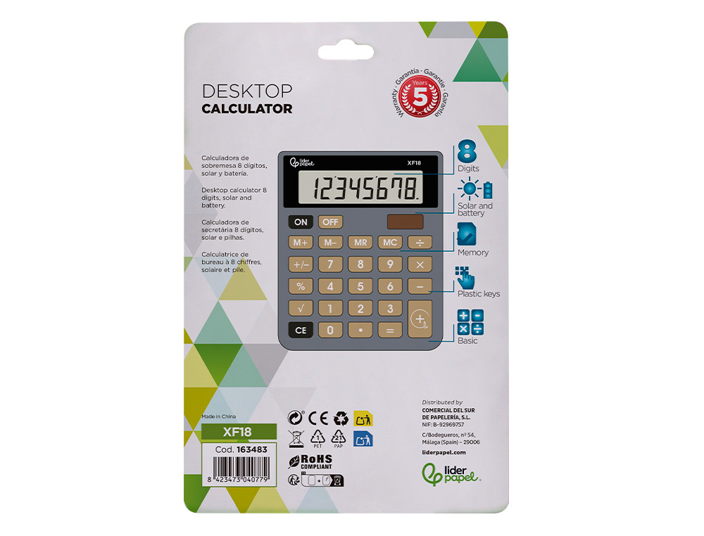 CALCULADORA LIDERPAPEL SOBREMESA XF18 8 DIGITOS SOLAR Y PILAS COLOR GRIS 127X105X24 MM