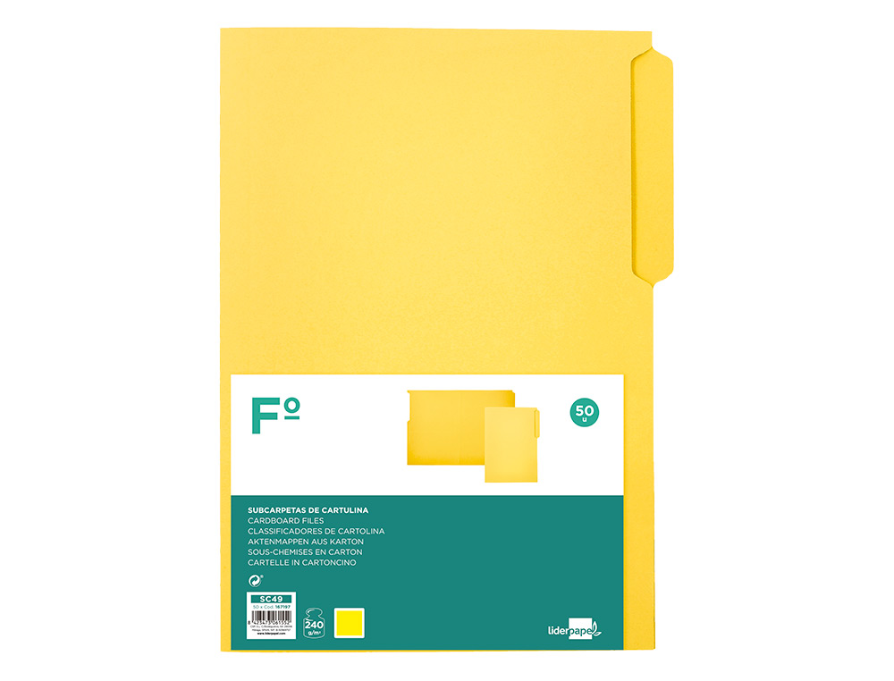 SUBCARPETA CARTULINA LIDERPAPEL FOLIO PESTAÑA IZQUIERDA 240G/M2 AMARILLO