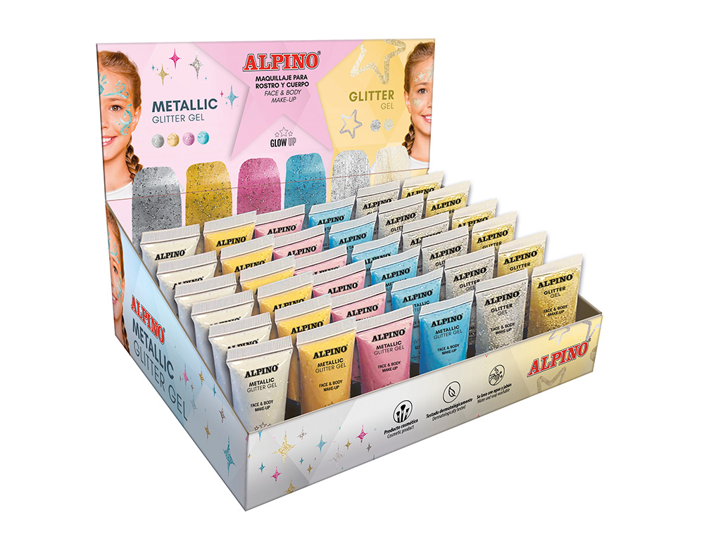 EXPOSITOR ALPINO GEL MAQUILLAJE 24 GLITTTER GEL METALICO + 12 GLITTER GEL