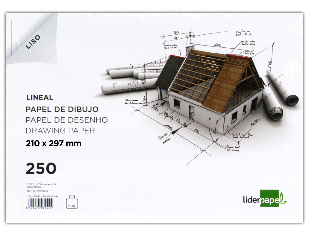 PAPEL DIBUJO LIDERPAPEL 210X297MM 150G/M2 CON CAJETIN PARA DATOS