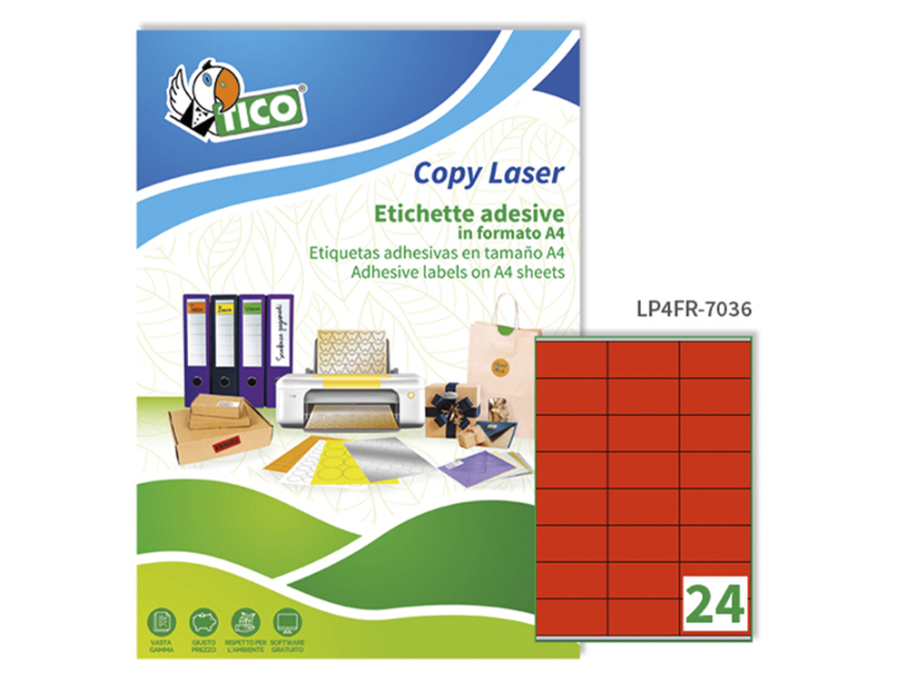 ETIQUETA ADHESIVA TICO ROJO FL UORESCENTESES PERMANENTE FSC LASER/INKJET/FOTOCOPIA 70X36 MMCAJA DE 1680 UNIDADES