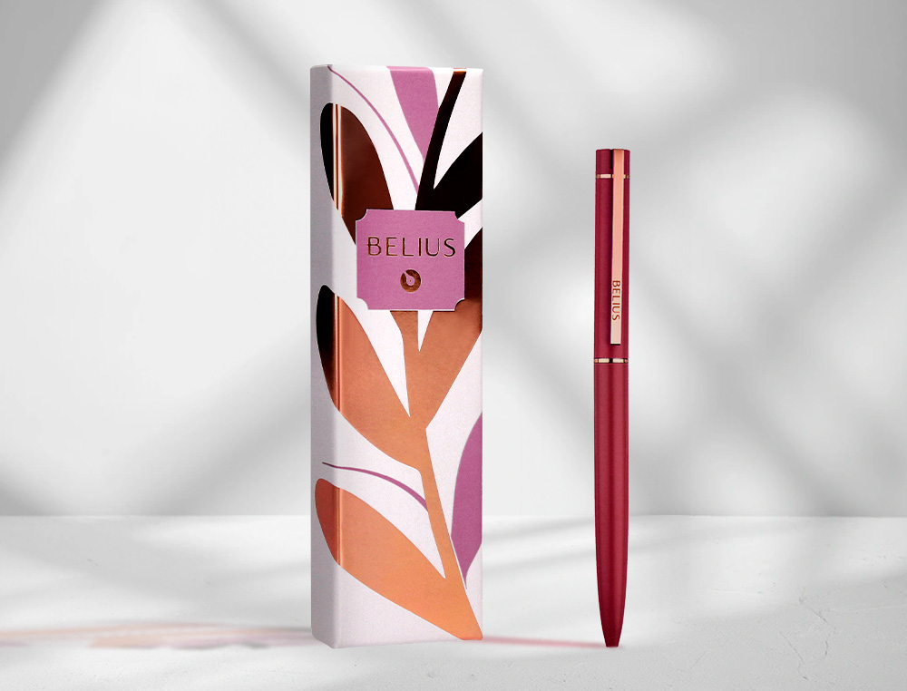 BOLIGRAFO BELIUS ROSE ALUMINIO COLOR BURDEOS ORO ROSA TINTA AZUL CAJA DE DISEO