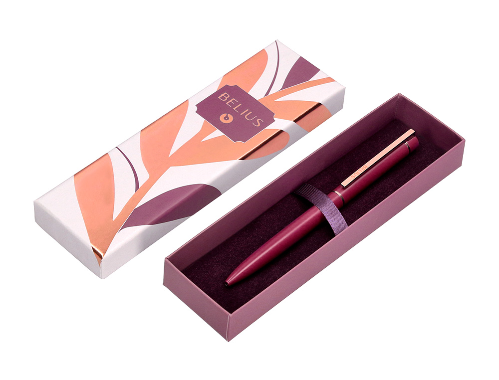 BOLIGRAFO BELIUS ROSE ALUMINIO COLOR BURDEOS ORO ROSA TINTA AZUL CAJA DE DISEO