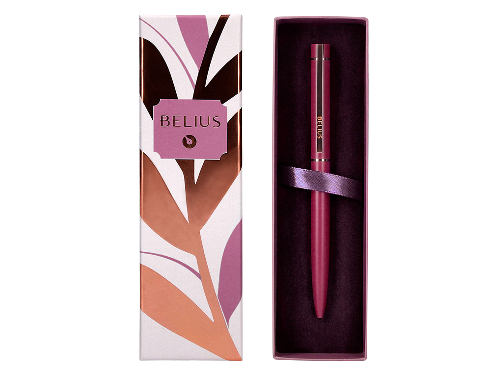 BOLIGRAFO BELIUS ROSE ALUMINIO COLOR BURDEOS ORO ROSA TINTA AZUL CAJA DE DISEO