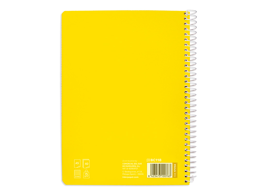 CUADERNO ESPIRAL LIDERPAPEL A5 PAUTAGUIA TAPA BLANDA 40H 75GR CUADRO PAUTADO 5MM COLOR AMARILLO