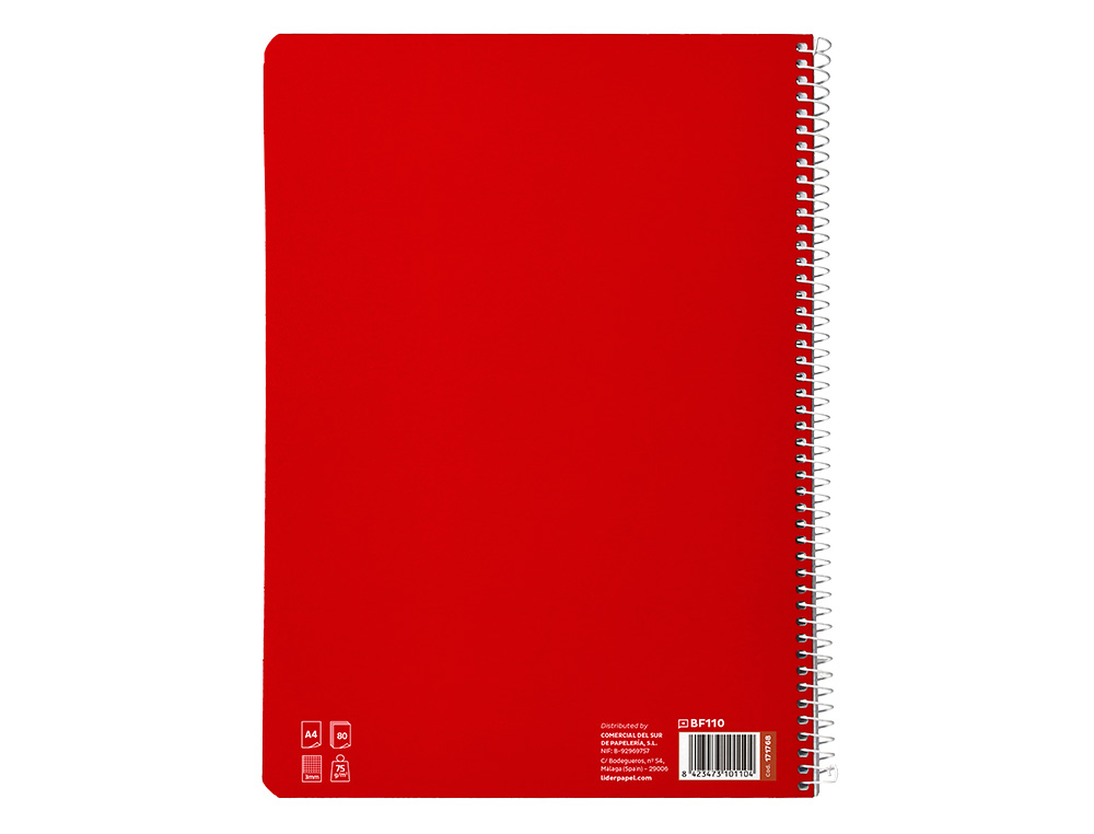 CUADERNO ESPIRAL LIDERPAPEL A4 PAUTAGUIA TAPA BLANDA 80H 75GR CUADRO PAUTADO 3MM COLOR ROJO