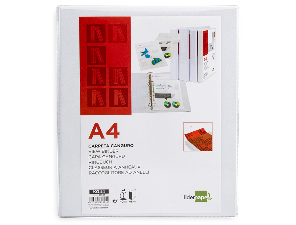 CARPETA CANGURO 4 ANILLAS MIXTAS 40MM LIDERPAPEL A4 PLASTICO COLOR BLANCO