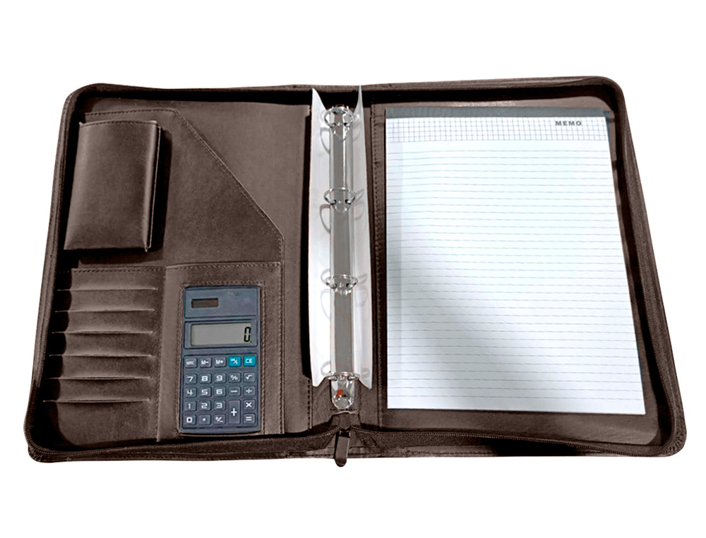 CARPETA PORTAFOLIOS Q-CONNECT CREMALLERA 4 ANILLAS 20 MM CONCALCULADORA CON BOLSA PARA MOVIL COLOR MARRON 260X355 MM
