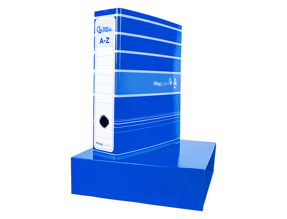 ARCHIVADOR DE PALANCA LIDERPAPEL A4 FILING SYSTEM FORRADO SIN RADO LOMO 80MM AZUL CON CAJA Y COMPRESOR METALICO