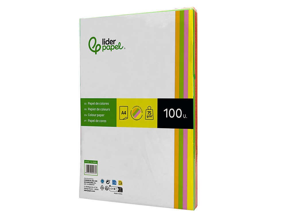 PAPEL COLOR LIDERPAPEL A4 75GR NEON 4 COLORES SURTIDOS PAQUETE DE 100 HOJAS