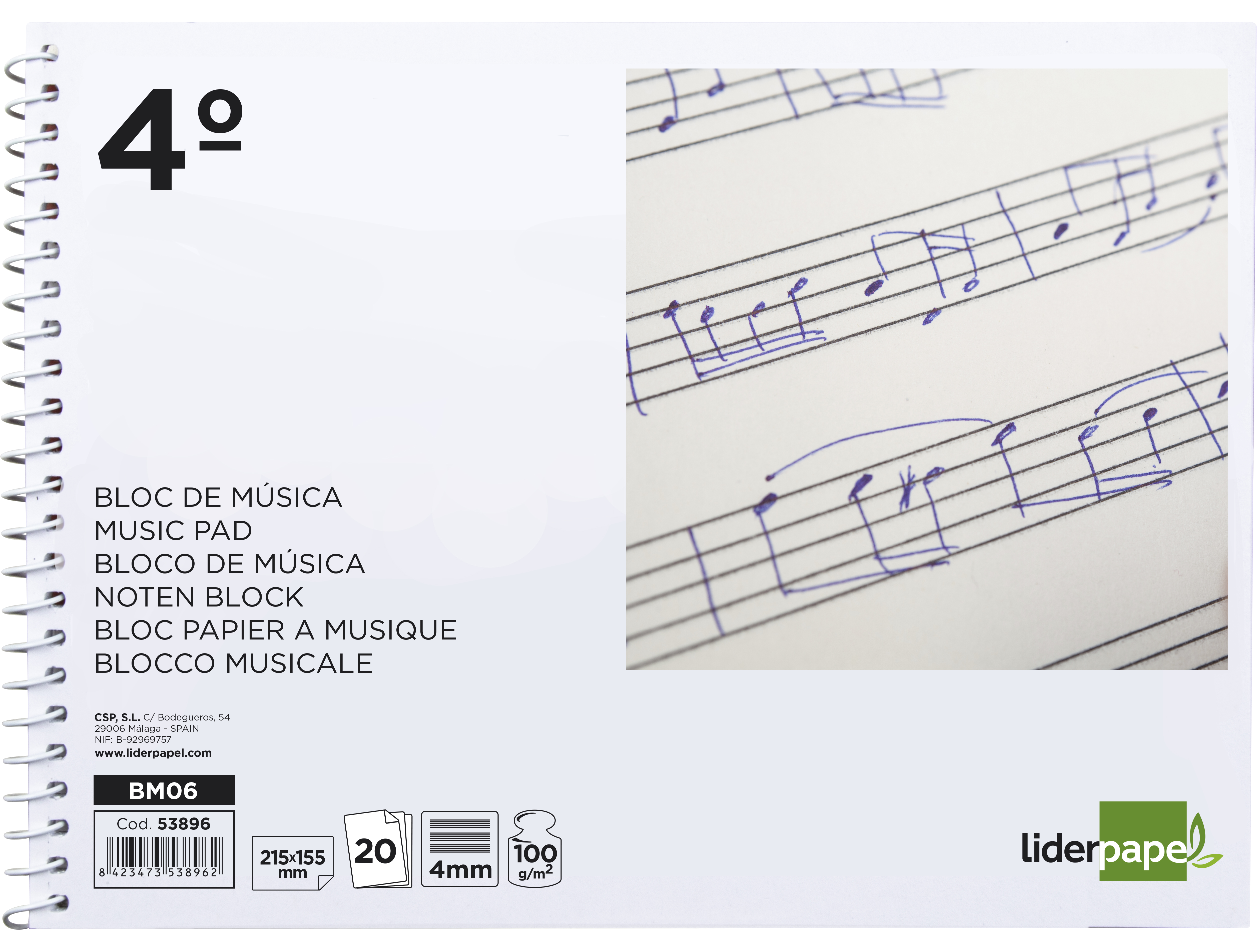 BLOC MUSICA LIDERPAPEL PENTAGRAMA 4MM CUARTO 20 HOJAS 100G/M2