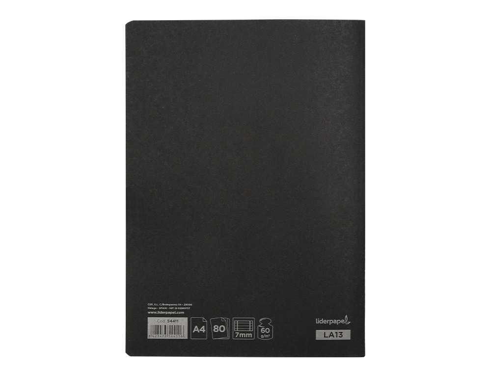 LIBRETA LIDERPAPEL TAPA NEGRA A4 80 HOJAS 60G/M2 HORIZONTAL CON DOBLE MARGEN