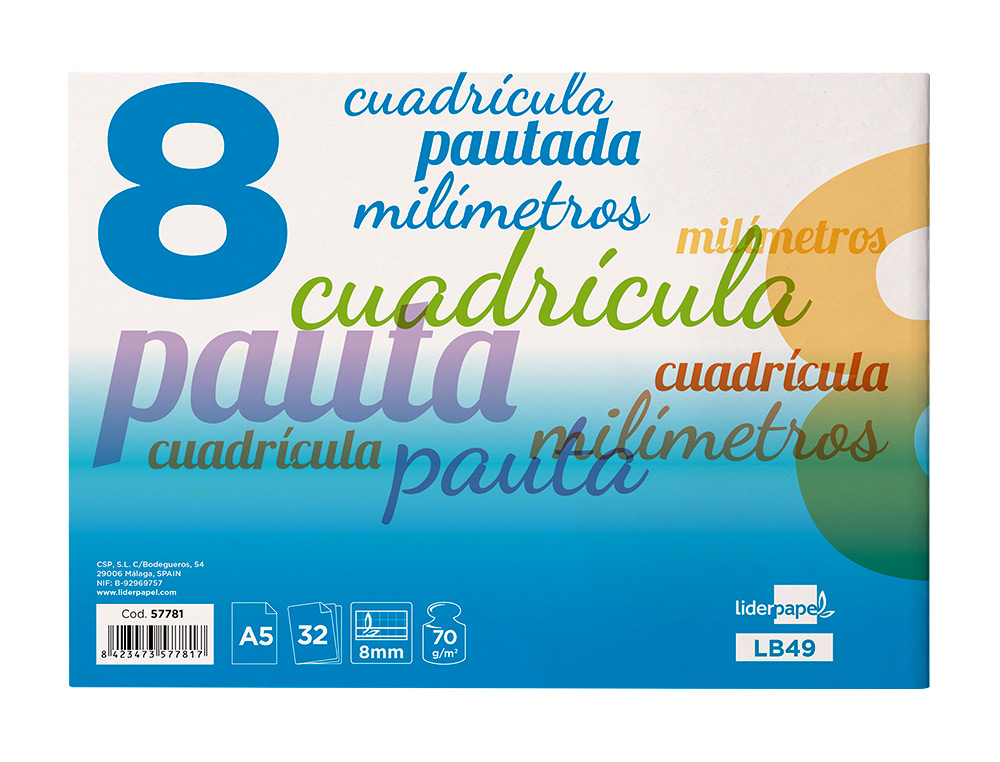 LIBRETA LIDERPAPEL PAUTAGUIA TAPA CARTONCILLO 32 HOJAS DIN A5 70GR CUADRICULADO PAUTADO 8 MM APAISADO CON MARGEN