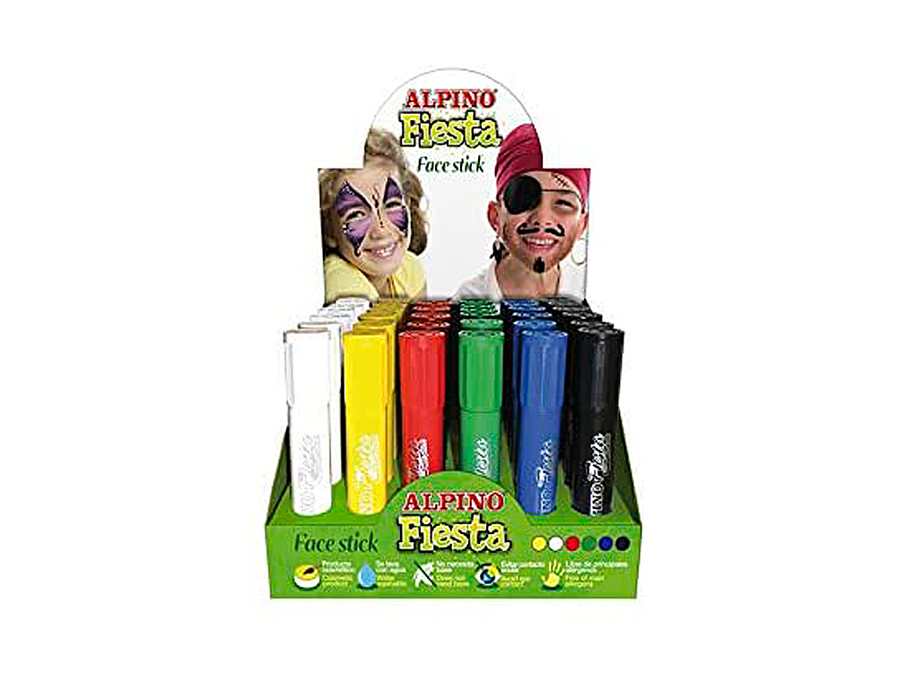BARRA MAQUILLAJE ALPINO FIESTA FACE STICK EXPOSITOR DE 36 UNIDADES COLORES SURTIDOS