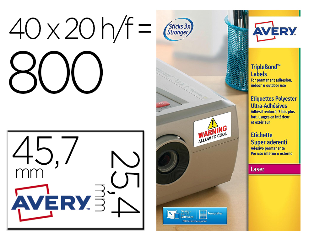 ETIQUETA ADHESIVA AVERY POLIESTER SUPER ADHERENTE BLANCA 45,7X25,4 MM LASER PACK DE 800 UNIDADES