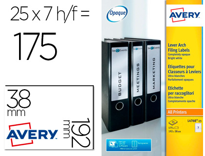 ETIQUETA ADHESIVA AVERY PERMANENTE BLANCA 38X192 MM PARA LOMO ARCHIVADOR LASER CAJA DE 175 UNIDADES